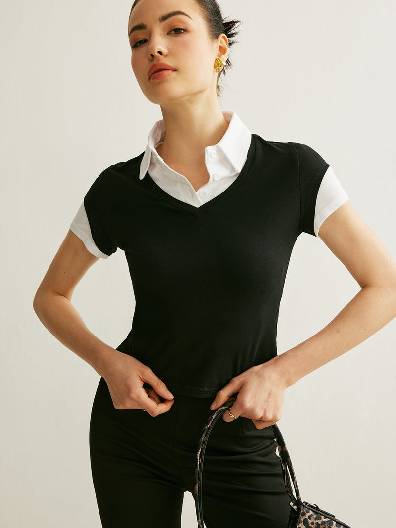 Polo Neck Color Block T-shirt