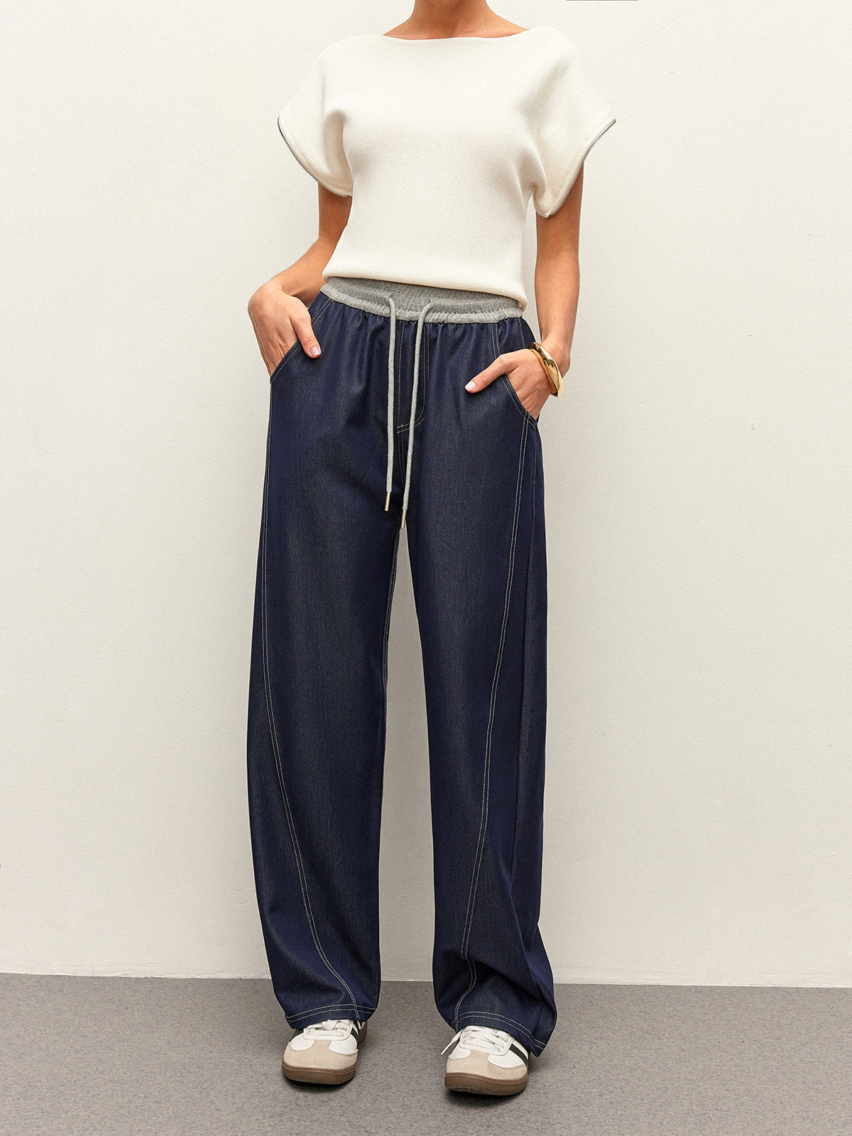 High-waist Drawstring Denim Pants With Pockets