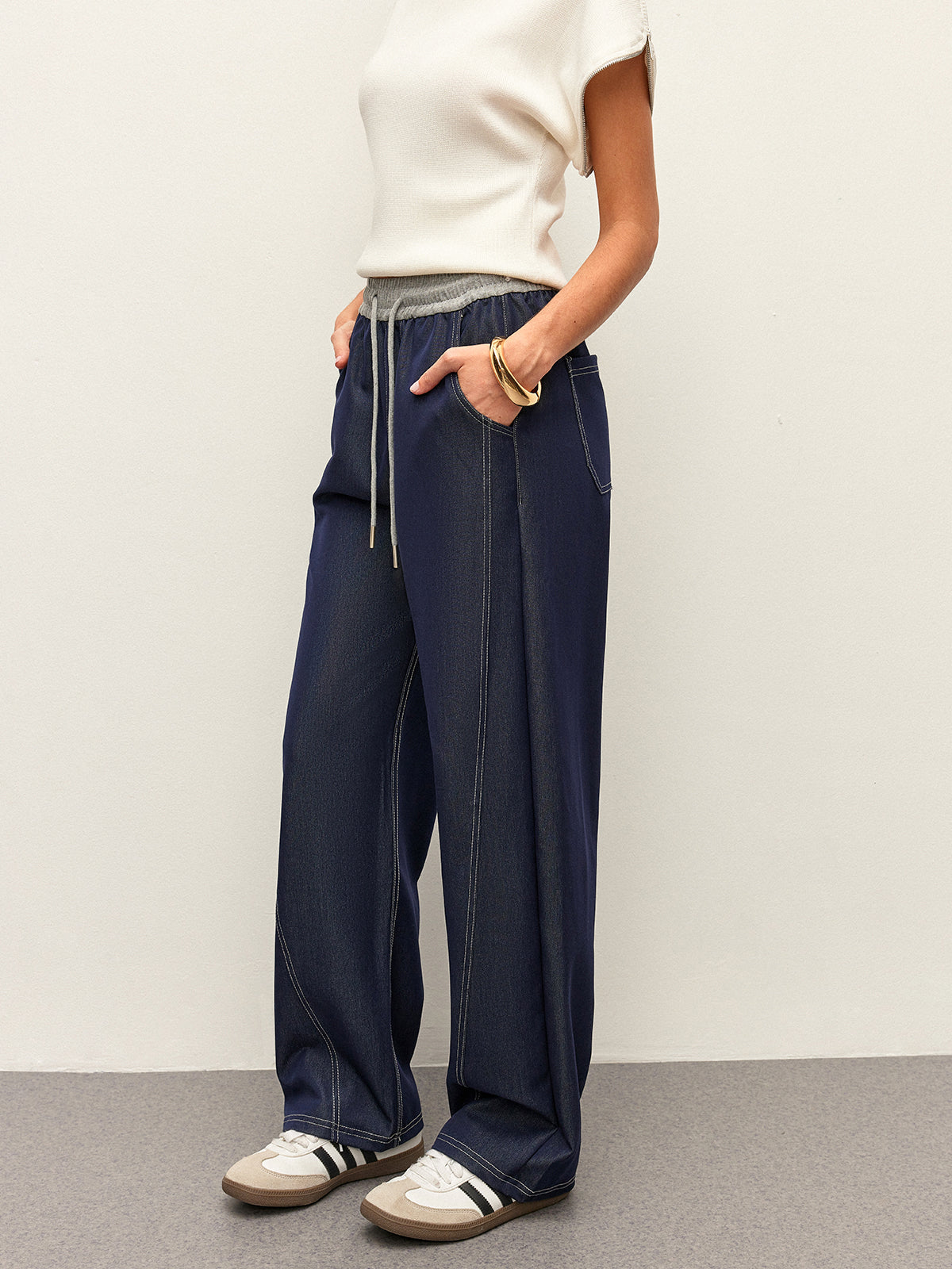 High-waist Drawstring Denim Pants With Pockets