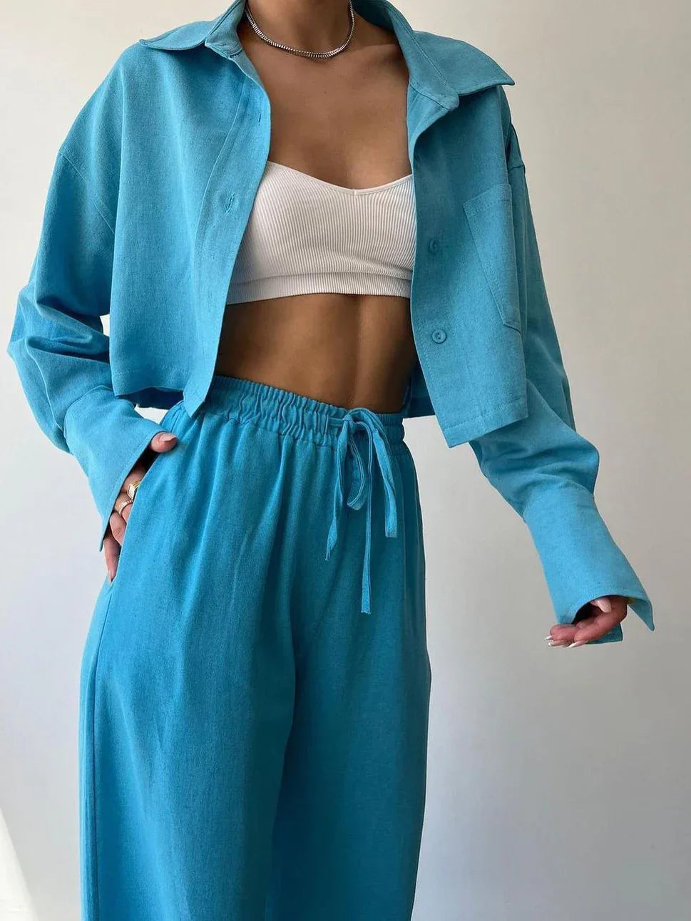 Collared Drawstring Two Piece Pants Set