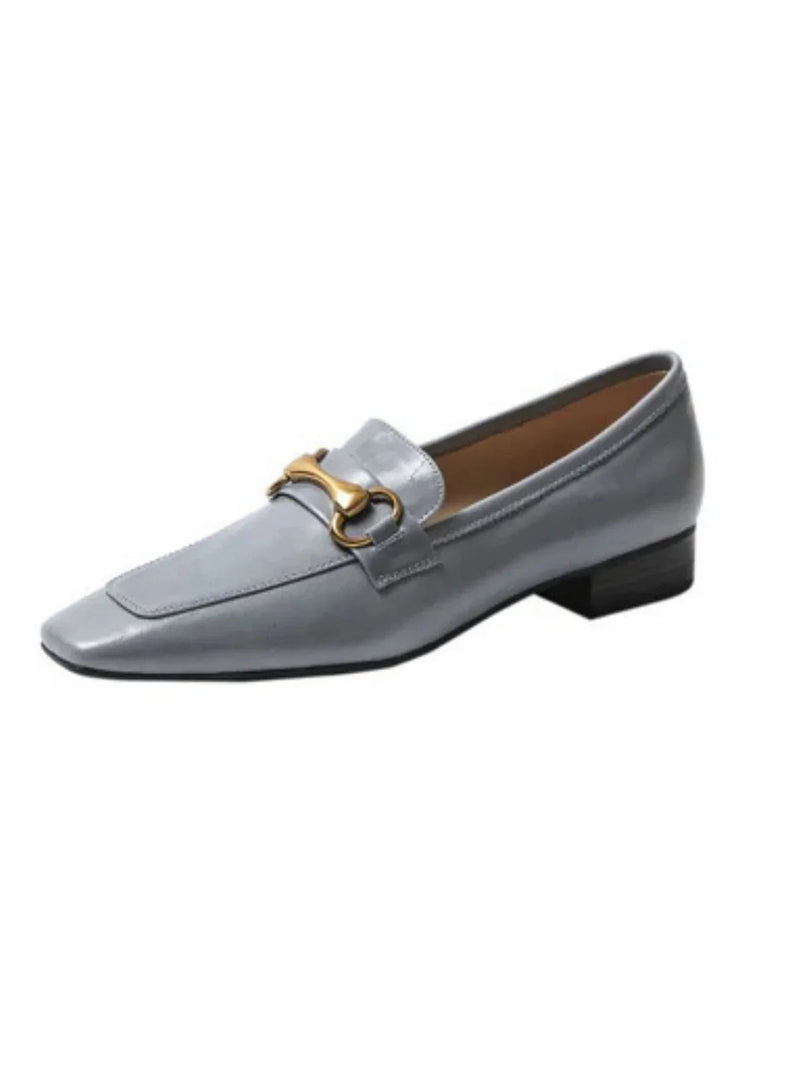 Leather Flat Shoes With Low Heel Metal Accent Square Toe