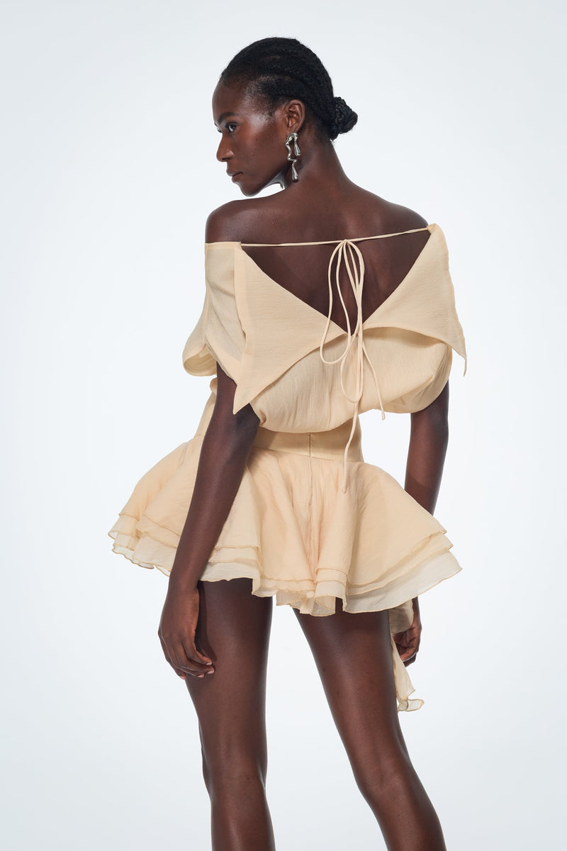 Baatar Backless Ruffle Flower Mini Dress in Apricot