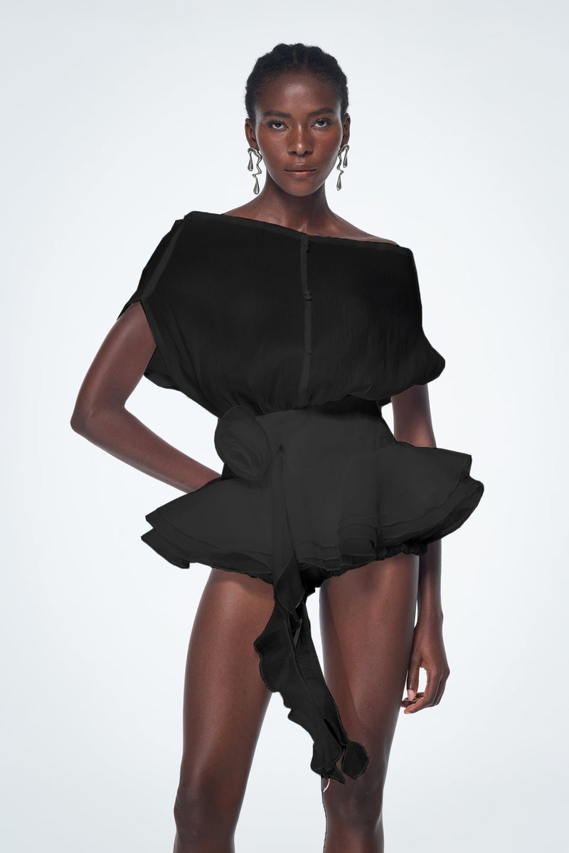 Baatar Backless Ruffle Flower Mini Dress in Black