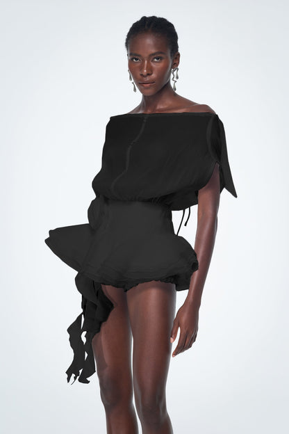 Baatar Backless Ruffle Flower Mini Dress in Black