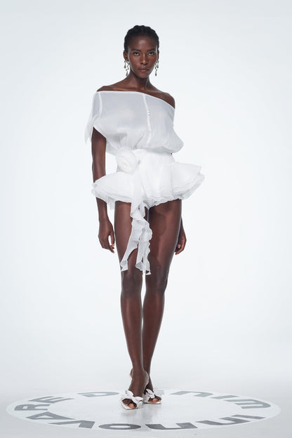 Baatar Backless Ruffle Flower Mini Dress in White