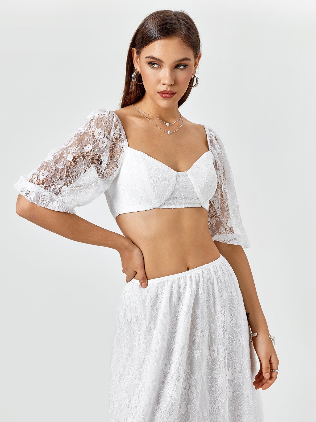 Backless Zipper Lace Crop Top&lace A-line Skirt