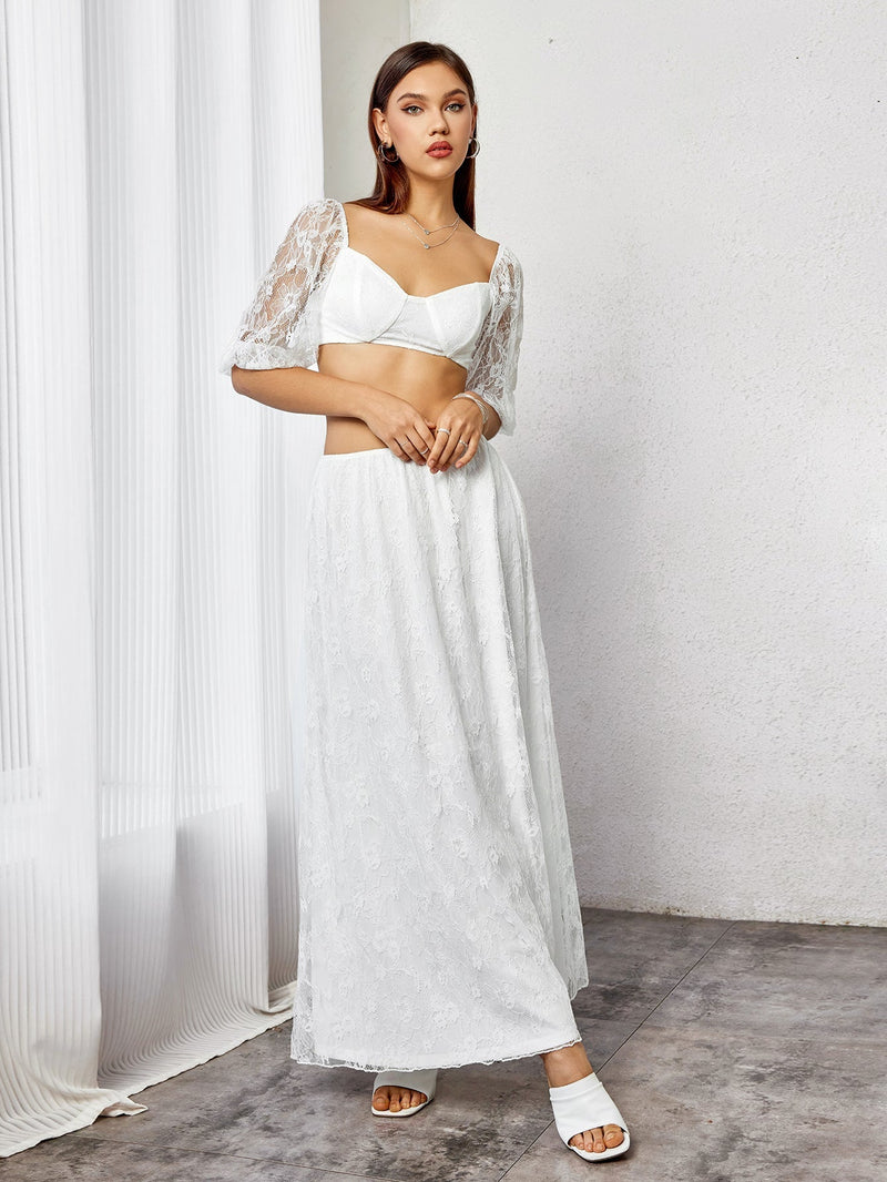 Backless Zipper Lace Crop Top&lace A-line Skirt