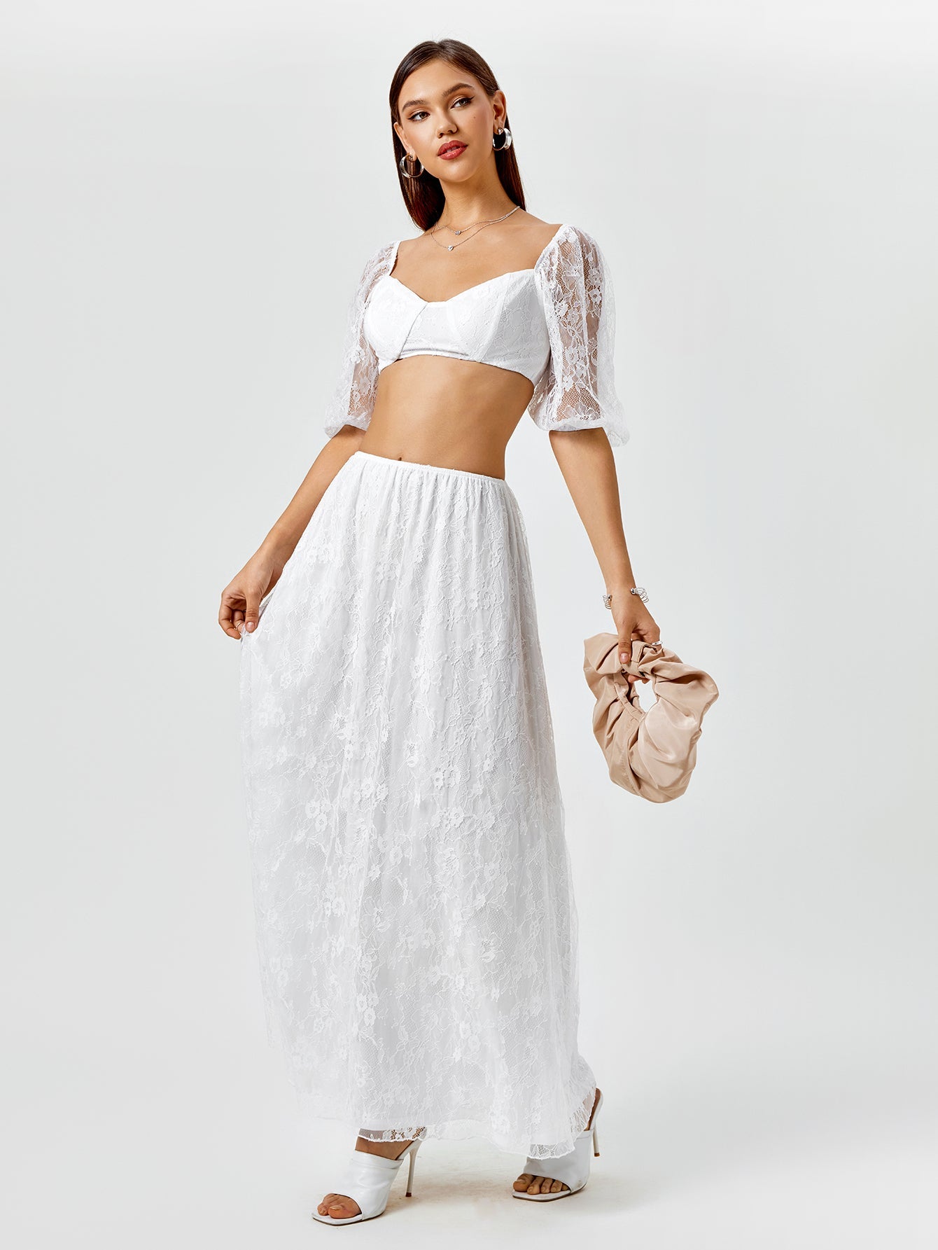 Backless Zipper Lace Crop Top&lace A-line Skirt