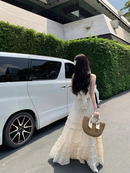 Backless Halter Layered Maxi Dress _ Romantic Beachwear