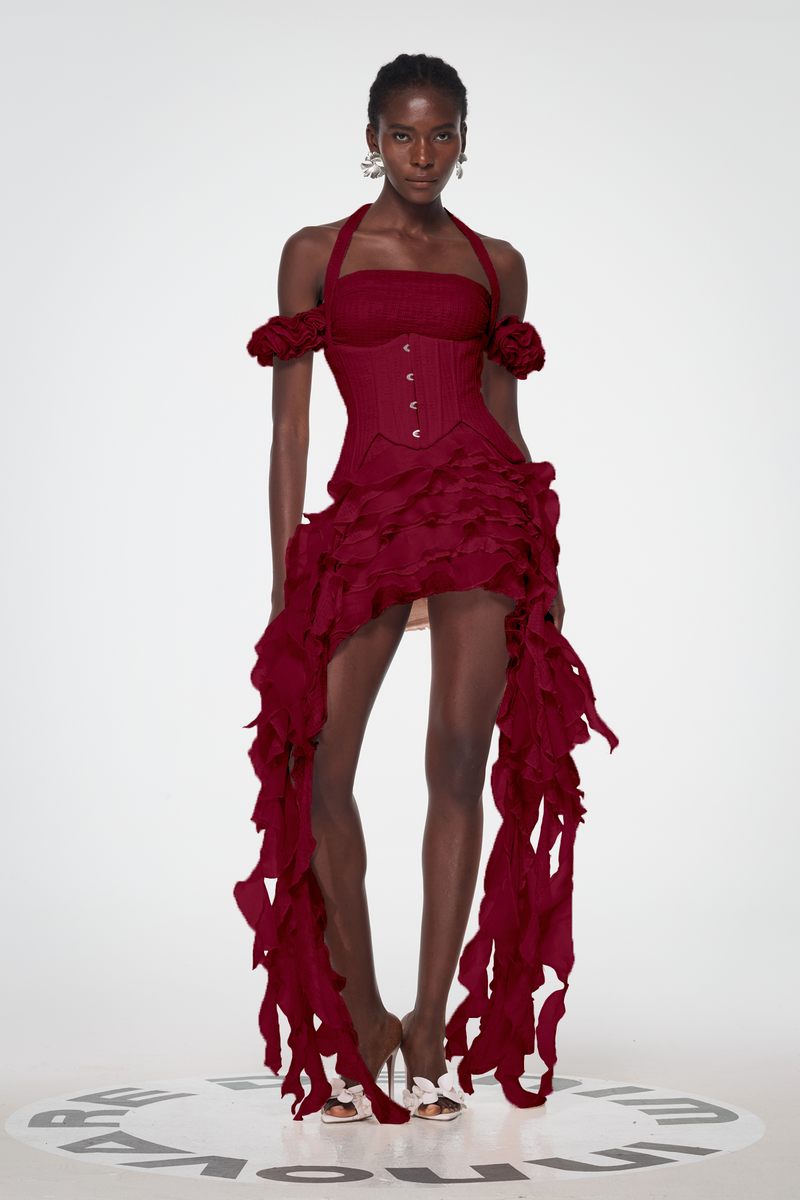Baha Ruch Ruffle Fringe Mini Dress in Red