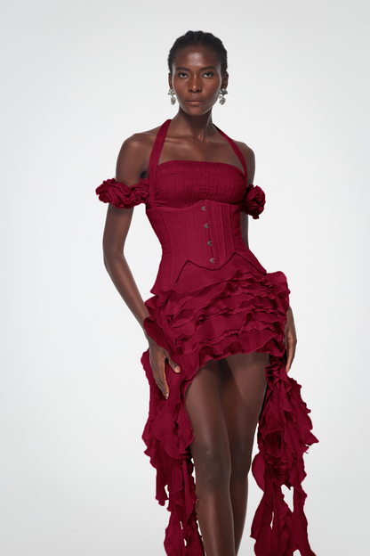 Baha Ruch Ruffle Fringe Mini Dress in Red