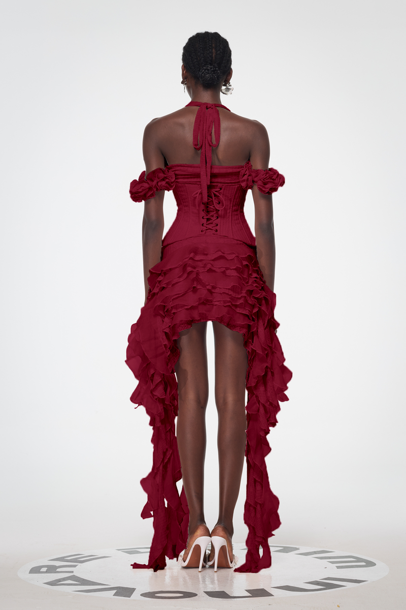 Baha Ruch Ruffle Fringe Mini Dress in Red