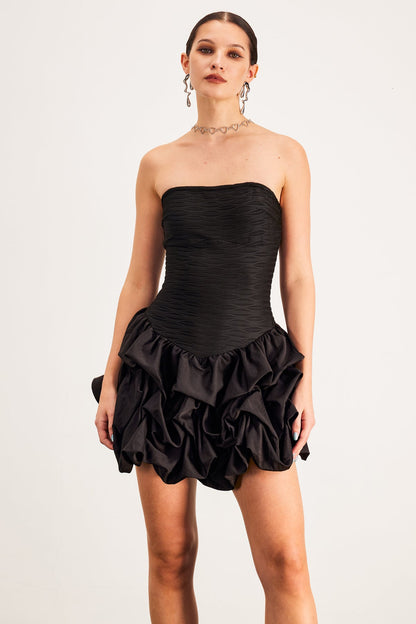 Baldric Strapless Ruch Puff Mini Dress in Black
