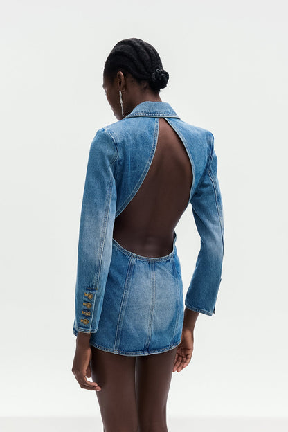 Baldwin Rhinestone Cutout Lapel Denim Mini Dress