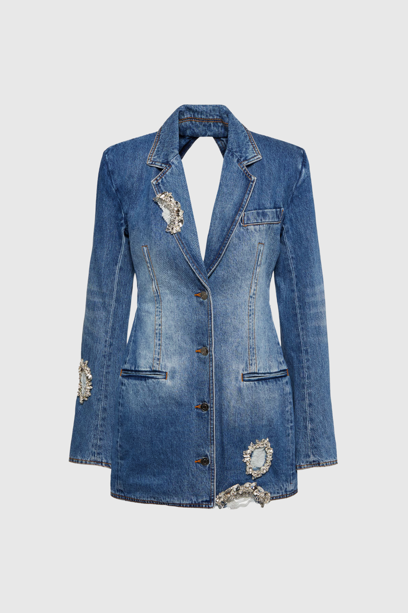 Baldwin Rhinestone Cutout Lapel Denim Mini Dress