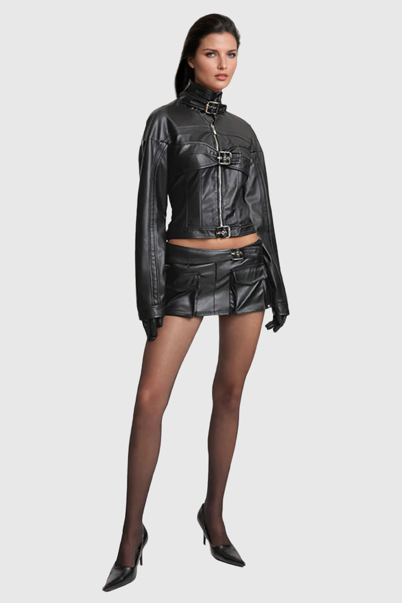 Balint Pocket Buckle Leather Short Skirt