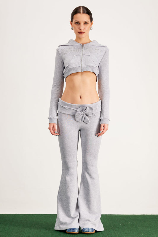 Bao Hooded Crop Bootcut Pants Set in Grey