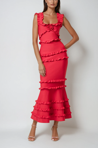 Bartholomaios Ruffle Flower Maxi Dress in Red