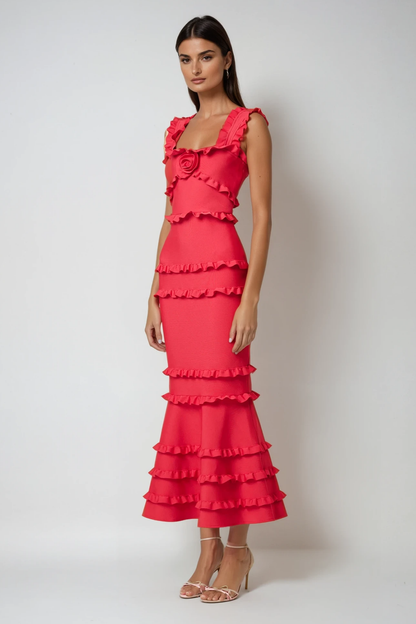 Bartholomaios Ruffle Flower Maxi Dress in Red