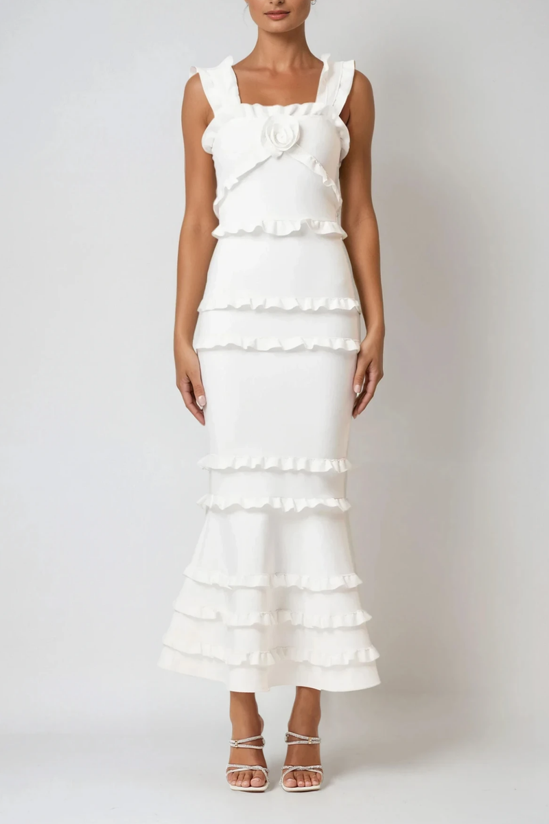 Bartholomaios Ruffle Flower Maxi Dress in White