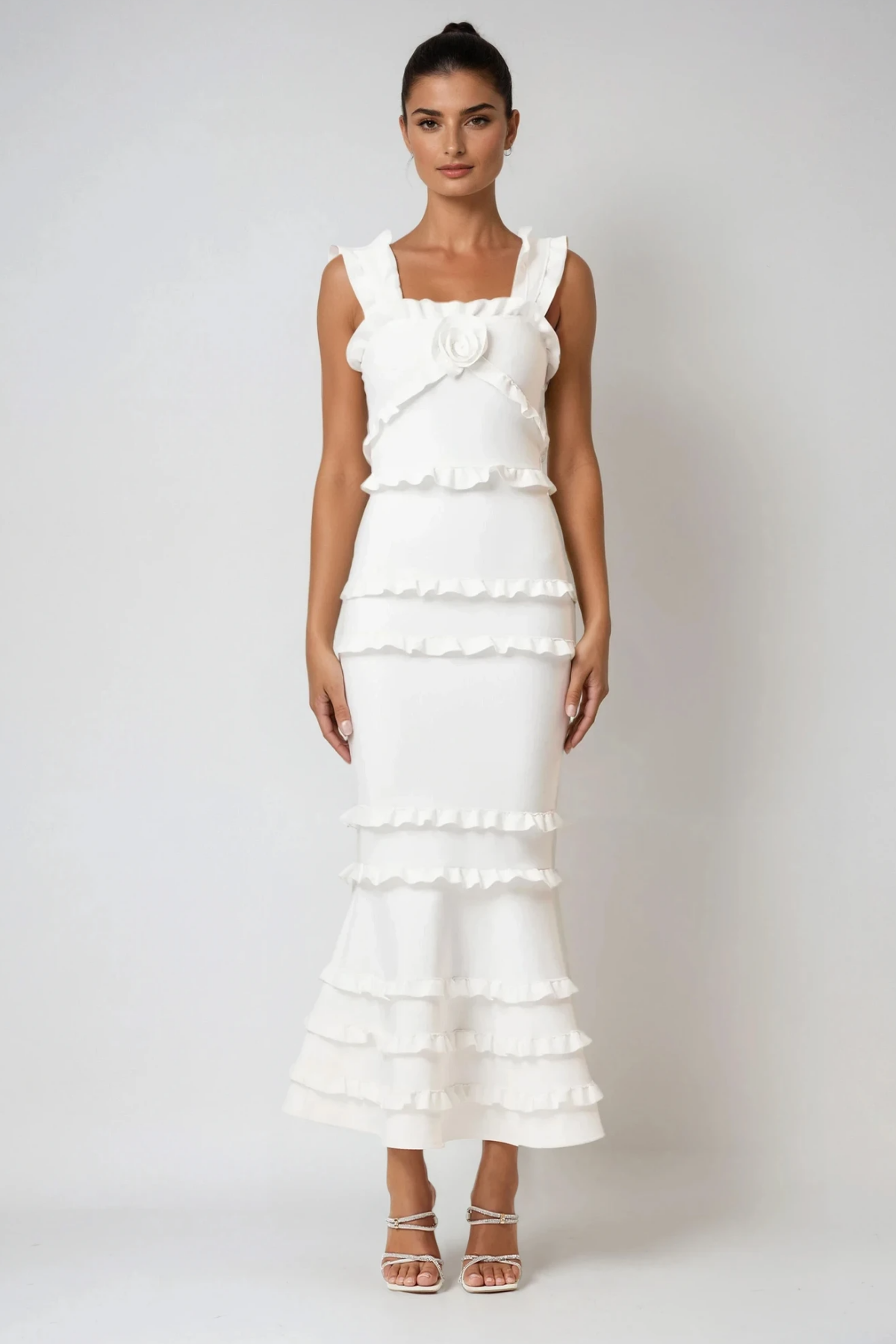 Bartholomaios Ruffle Flower Maxi Dress in White