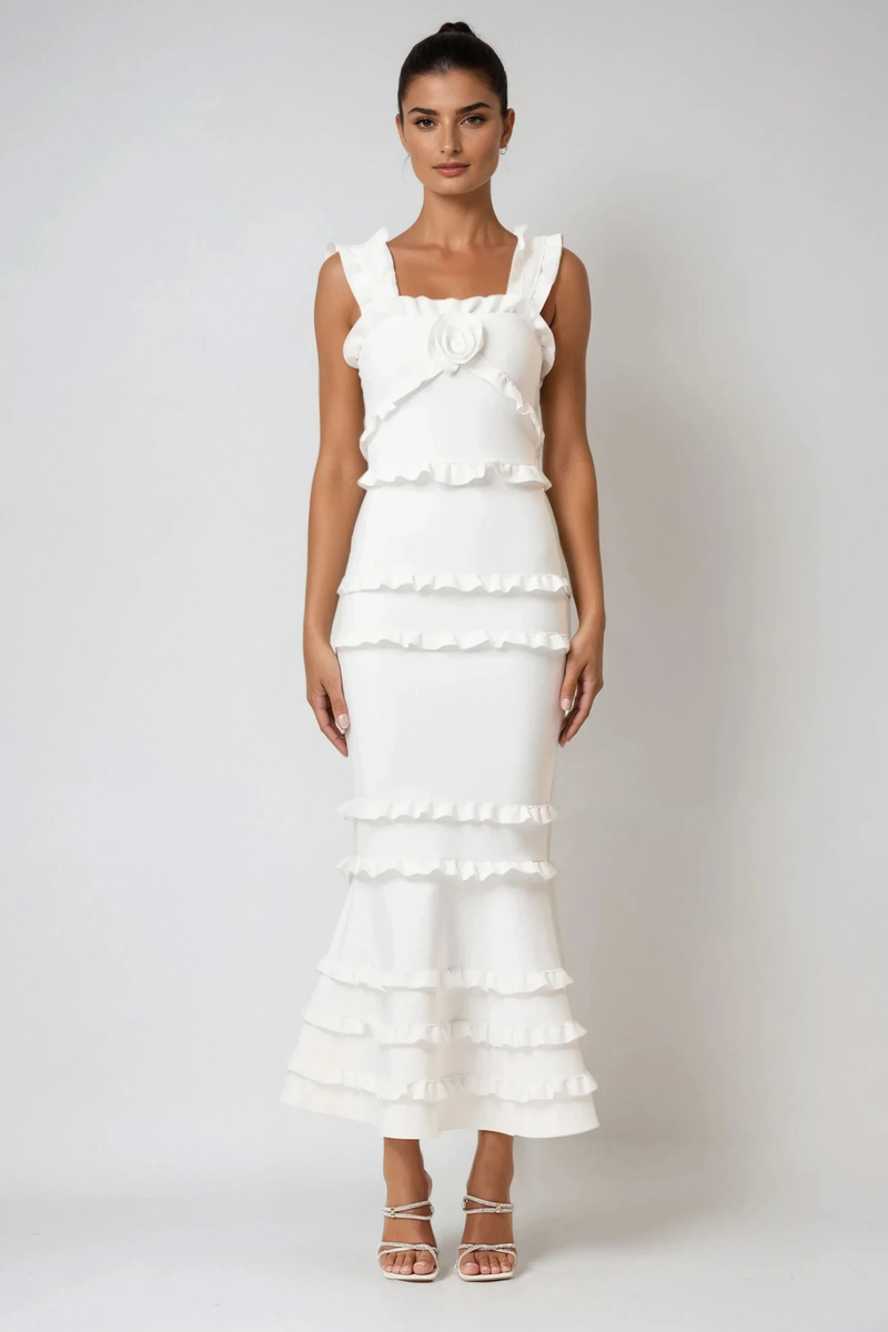 Bartholomaios Ruffle Flower Maxi Dress in White