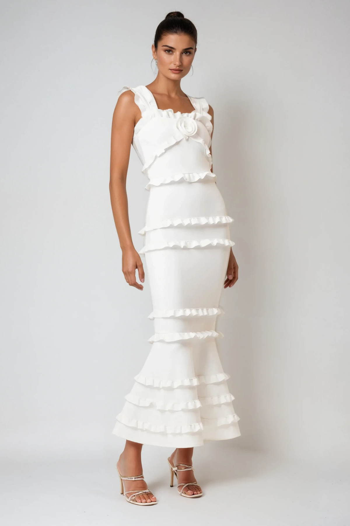 Bartholomaios Ruffle Flower Maxi Dress in White