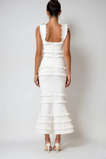 Bartholomaios Ruffle Flower Maxi Dress in White
