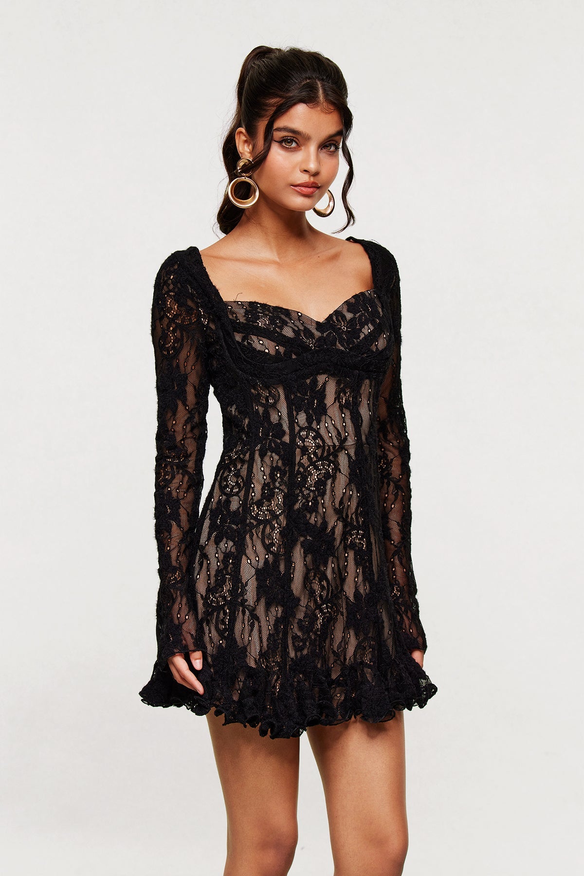 Bartosz Lace Ruffle Mini Dress in Black
