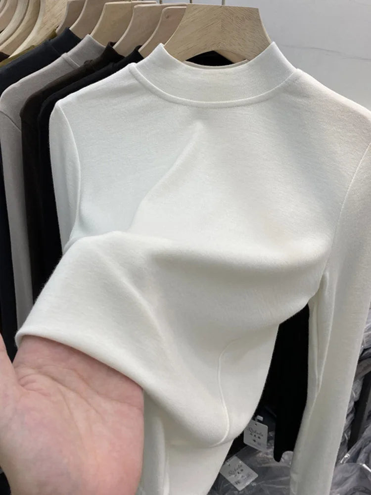 Basic Pure Cotton White T-shirt for Slim Top ’s Half Turtleneck Long Sleeve T-shirts