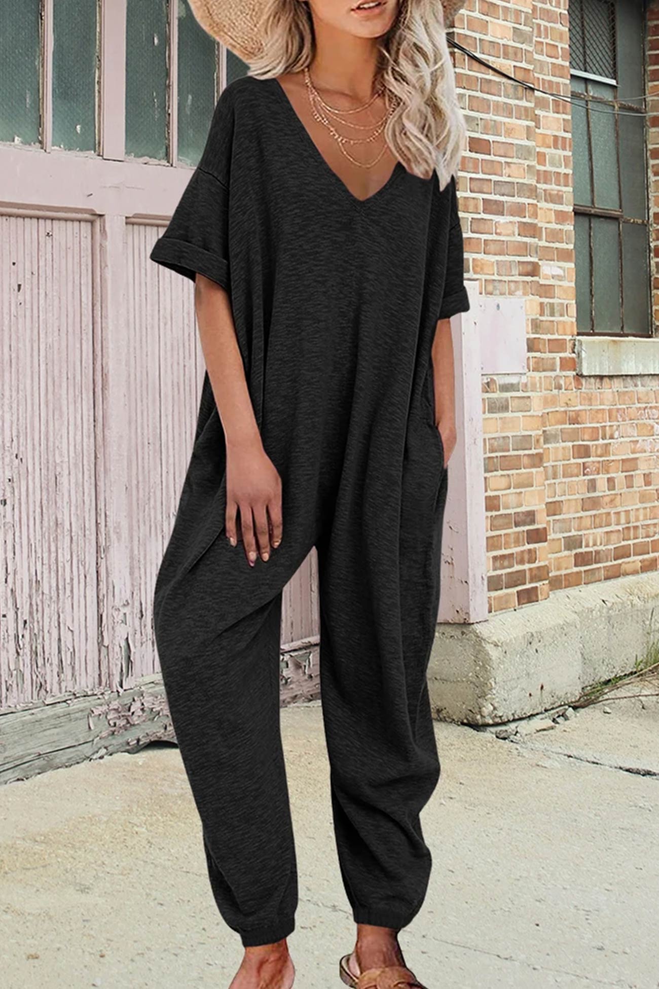 Cotton V Neck Loose Jumpsuits