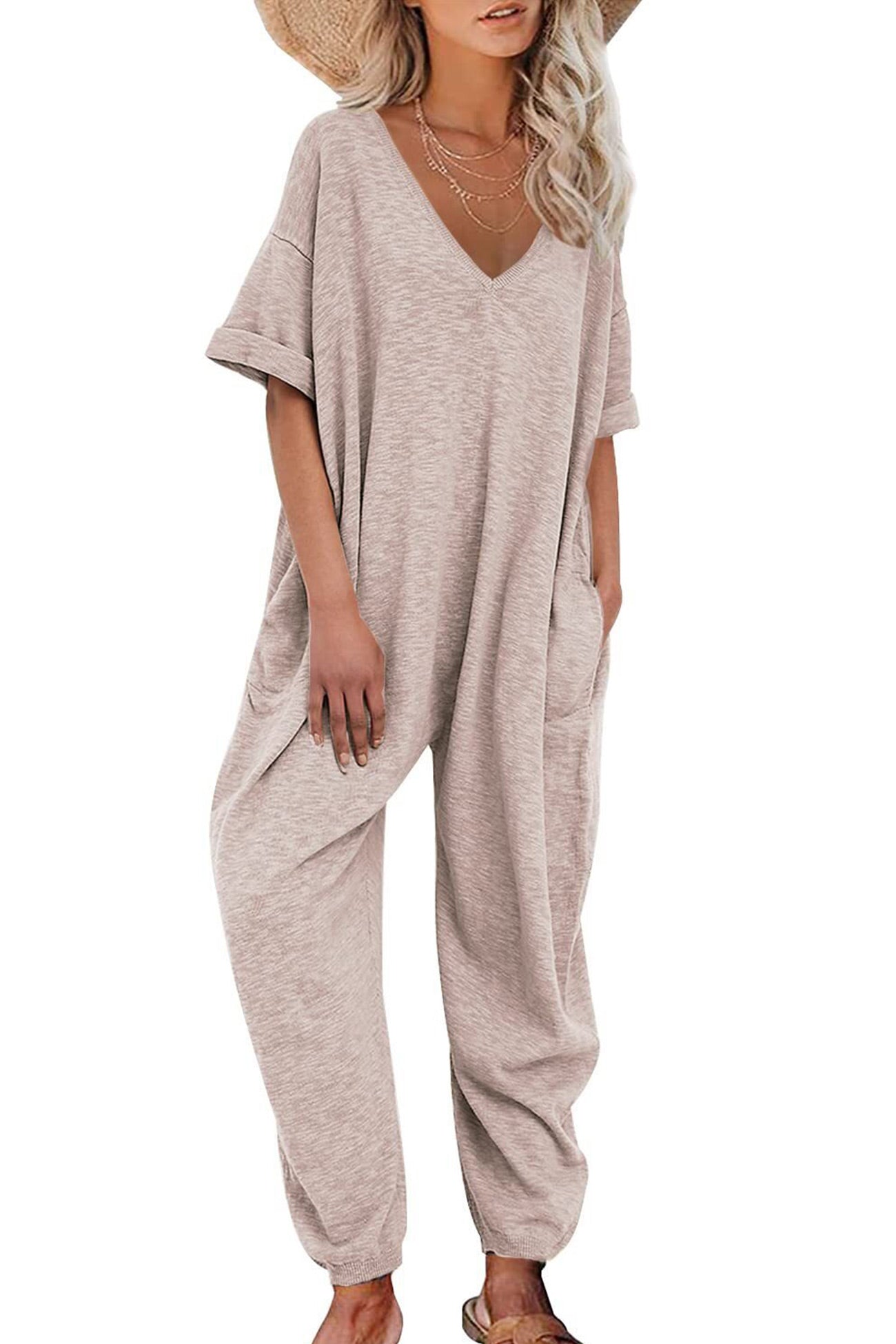 Cotton V Neck Loose Jumpsuits