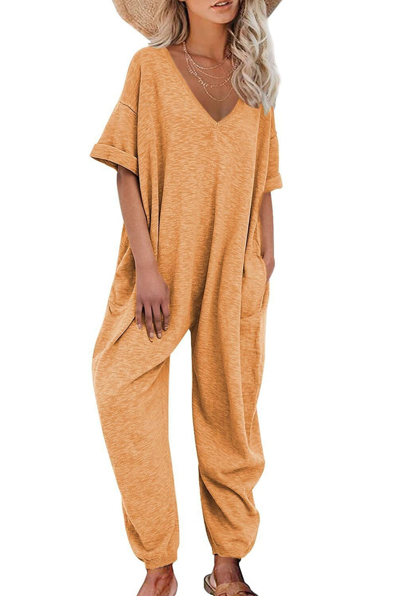 Cotton V Neck Loose Jumpsuits
