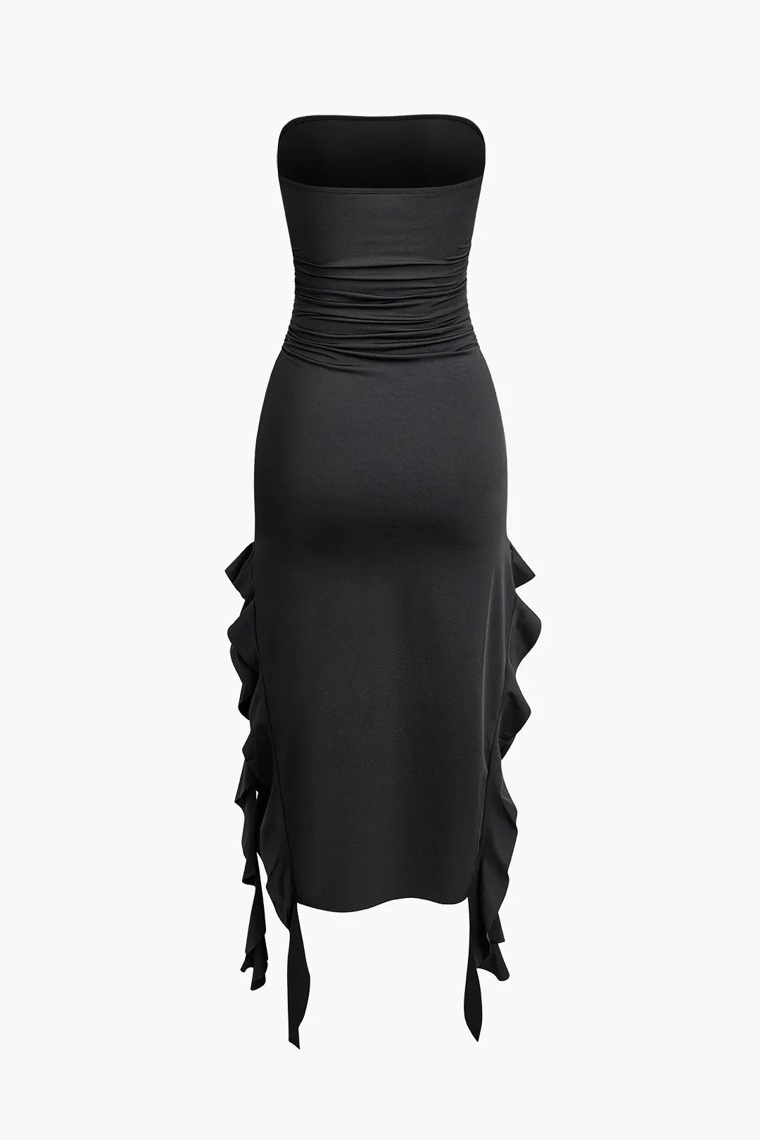 Bayley Black Ruffle Hem Ruched Tube Maxi Dress