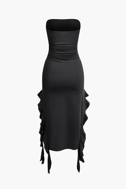 Bayley Black Ruffle Hem Ruched Tube Maxi Dress
