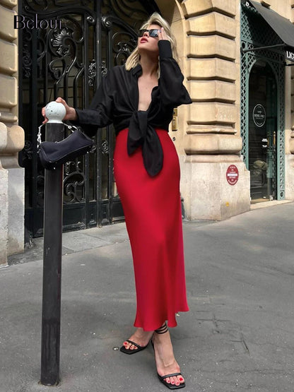 Satin High Waist Office Lady Slim Long Skirt