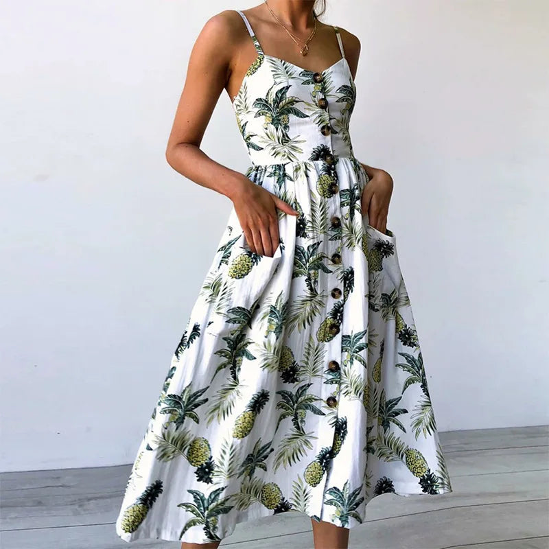 Beach Printing Suspenders Robe V-neck Seeveless Vestiti Donna Midi Dresses