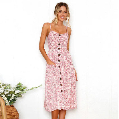 Beach Printing Suspenders Robe V-neck Seeveless Vestiti Donna Midi Dresses