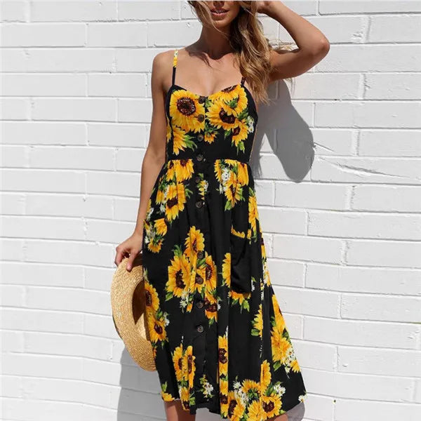 Beach Printing Suspenders Robe V-neck Seeveless Vestiti Donna Midi Dresses