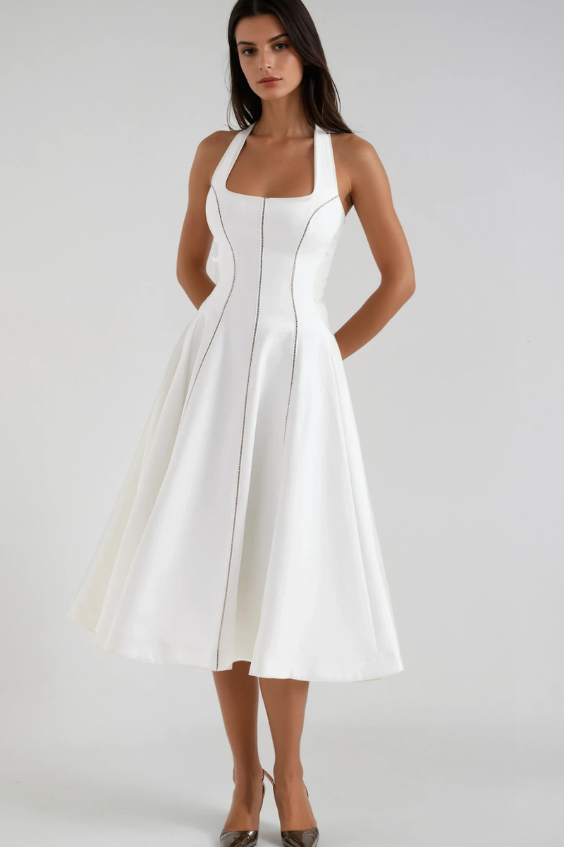 Beckham Halter Neck Stripe Ruffle Midi Dress