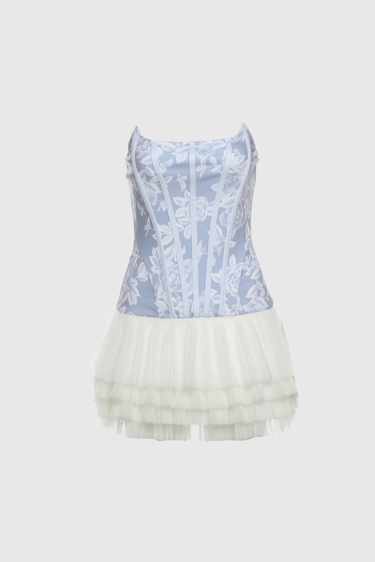 Beda Strapless Mesh Ruch Mini Dress in Blue