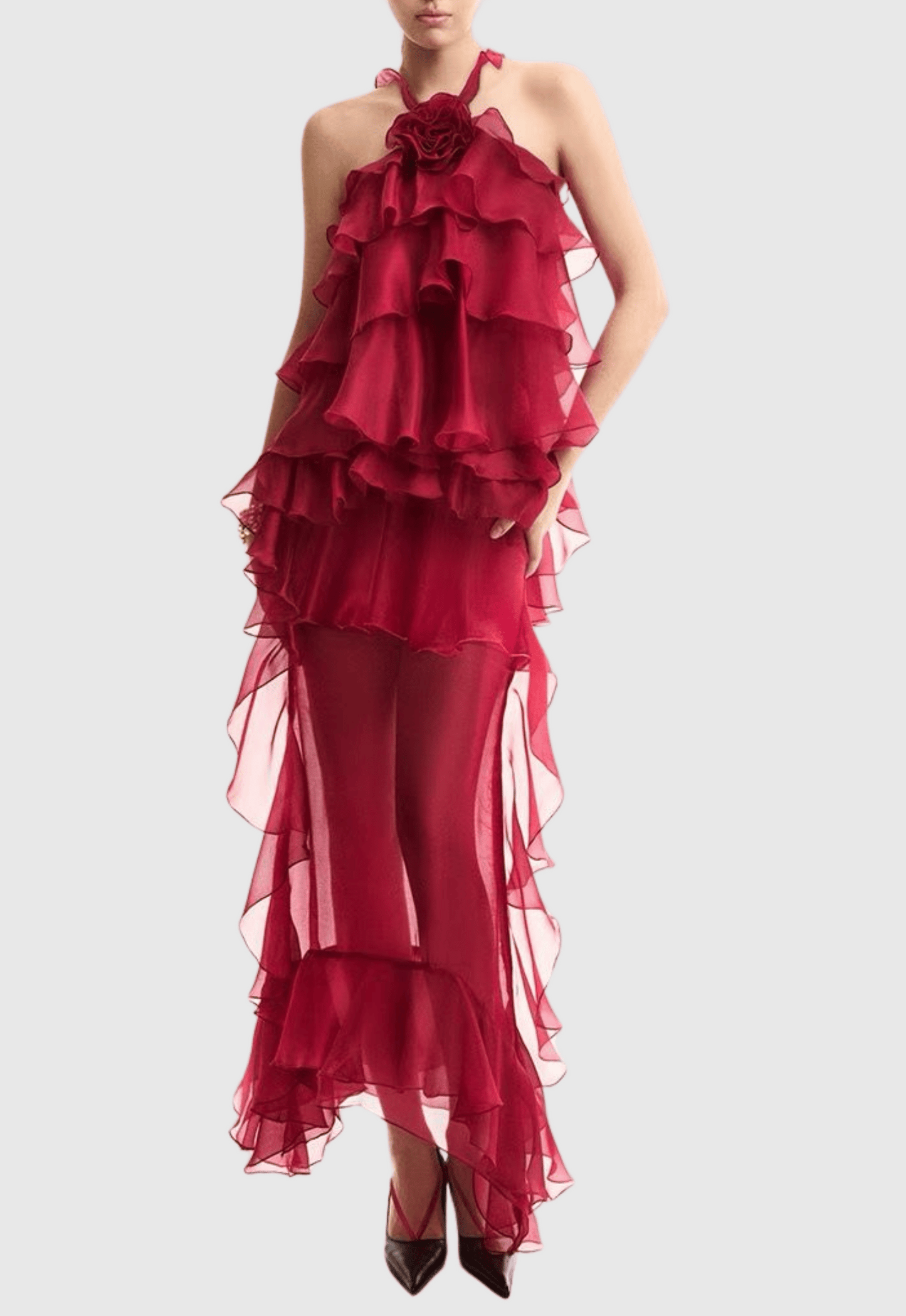 Bedelia Halter Chiffon Ruffle Midi Dress