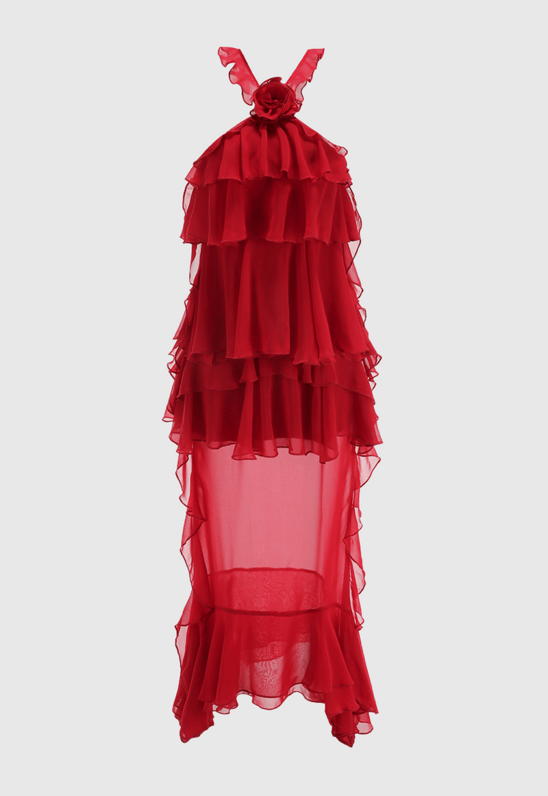 Bedelia Halter Chiffon Ruffle Midi Dress