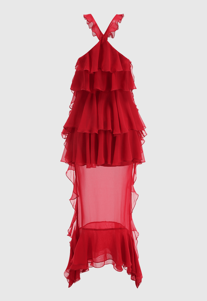 Bedelia Halter Chiffon Ruffle Midi Dress
