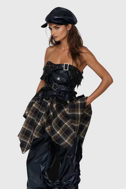 Beena Grid Asymmetric Buckle Lace Up Skirt