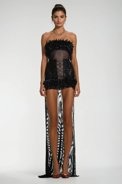 Begum Mesh Ruffle Lace Up Asymmetric Mini Dress