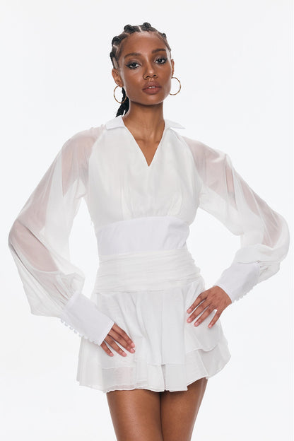 Bellachay Plunge Ruch Ruffle Mesh Mini Dress