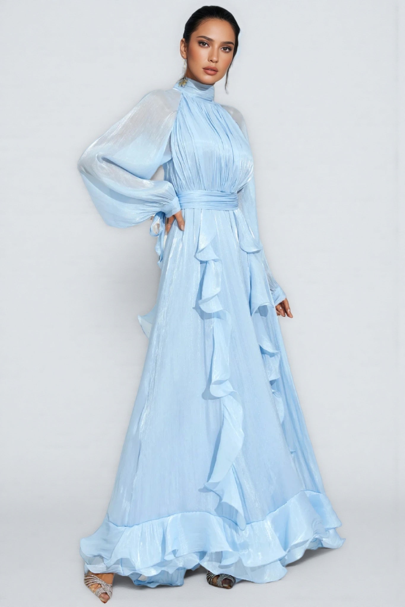 Junatk Stand Collar Long Sleeve Frill Maxi Dress