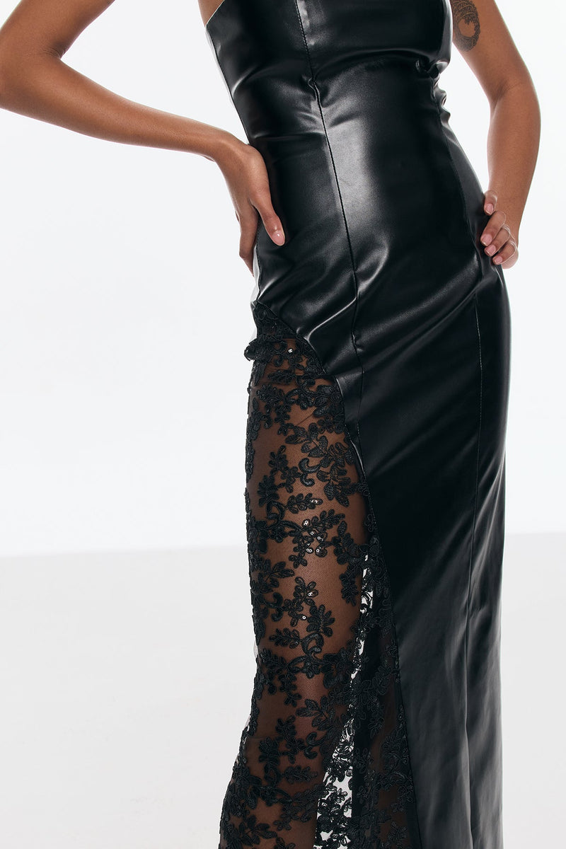 Benniton Lace Strapless Leather Maxi Dress