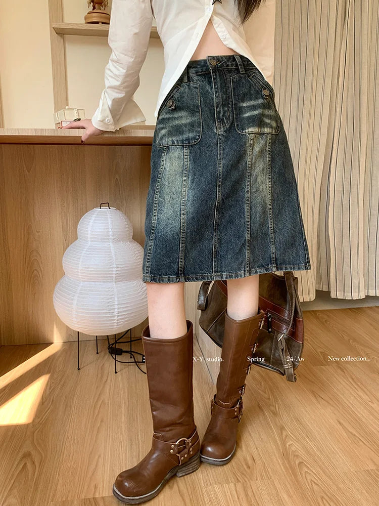 Dressbetty - American Retro Midi Do Old Washed A-line Skirt
